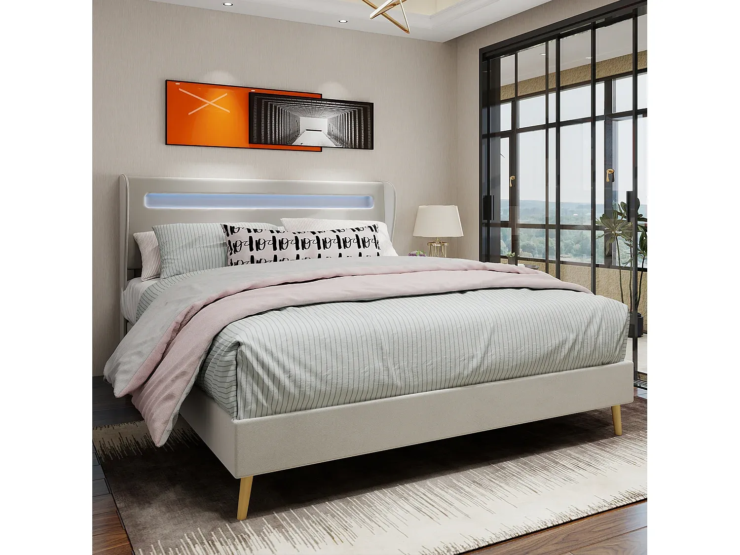 Modernes Bett mit LED-Licht und gepolstertem Kopfteil in Beige