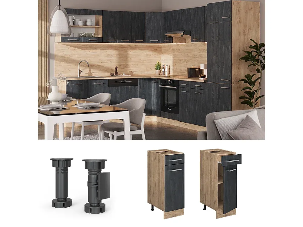 Küchenunterschrank in Schwarz mit Betonoptik, 30x60x81,6 cm