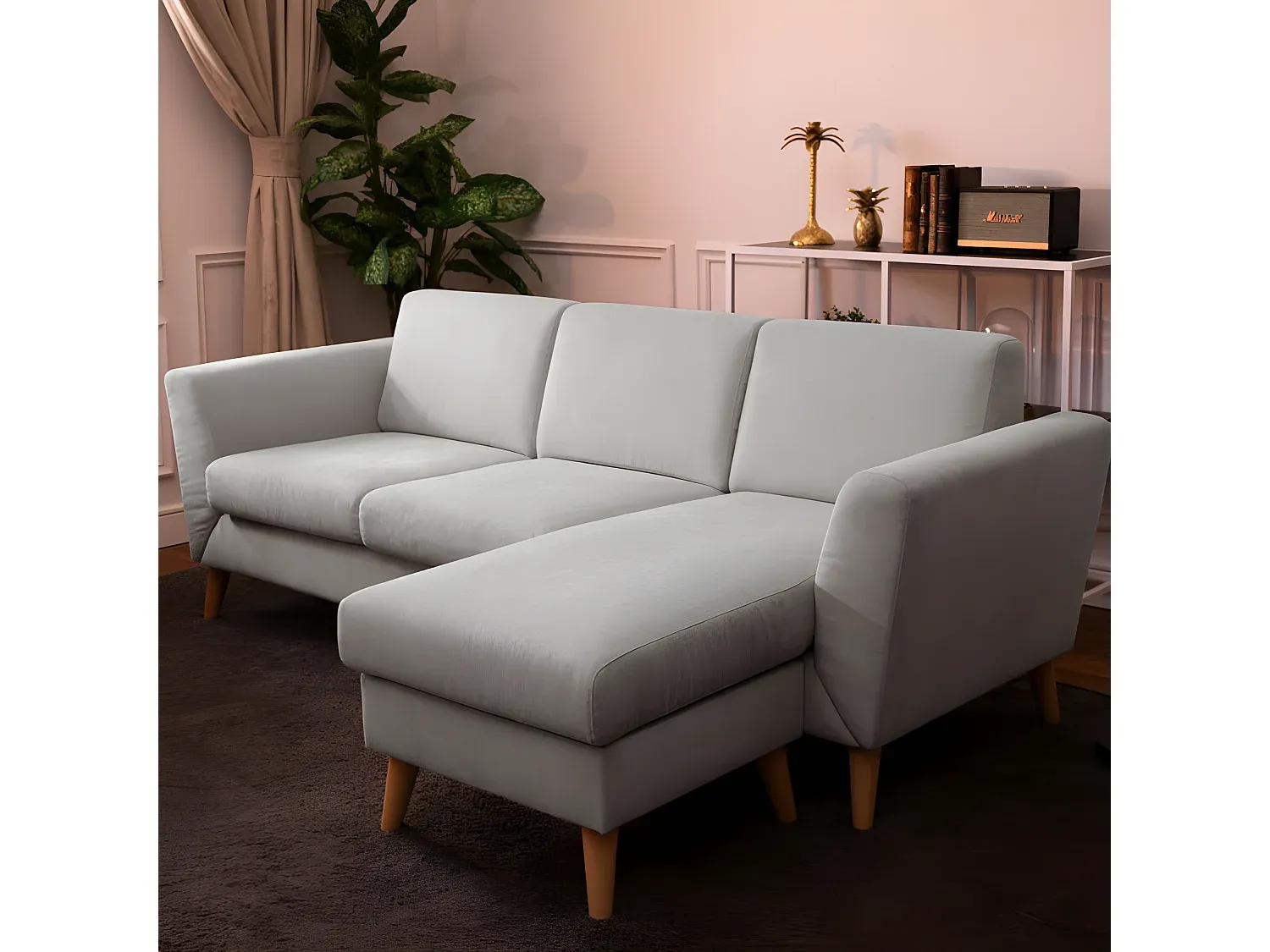 3-Sitzer Sofa mit Chaiselongue aus hellgrauem Polyester