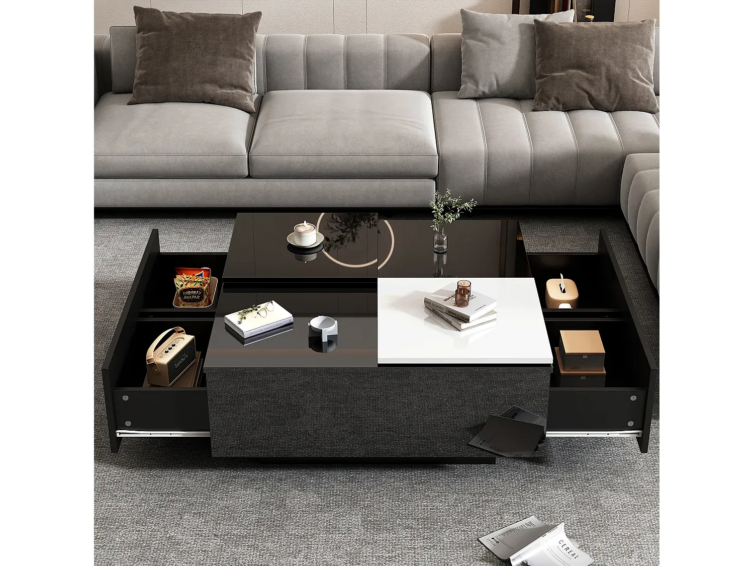 Moderner Couchtisch mit Vier Schubladen, Schwarz