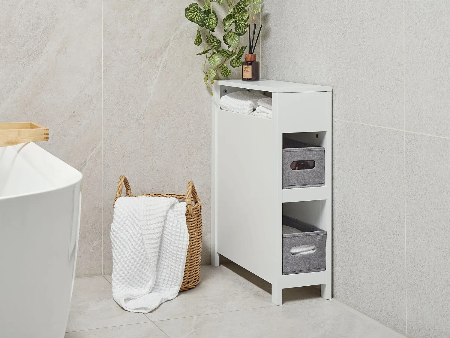 Schmaler Badezimmer-Schrank mit zwei Aufbewahrungsboxen, weiß