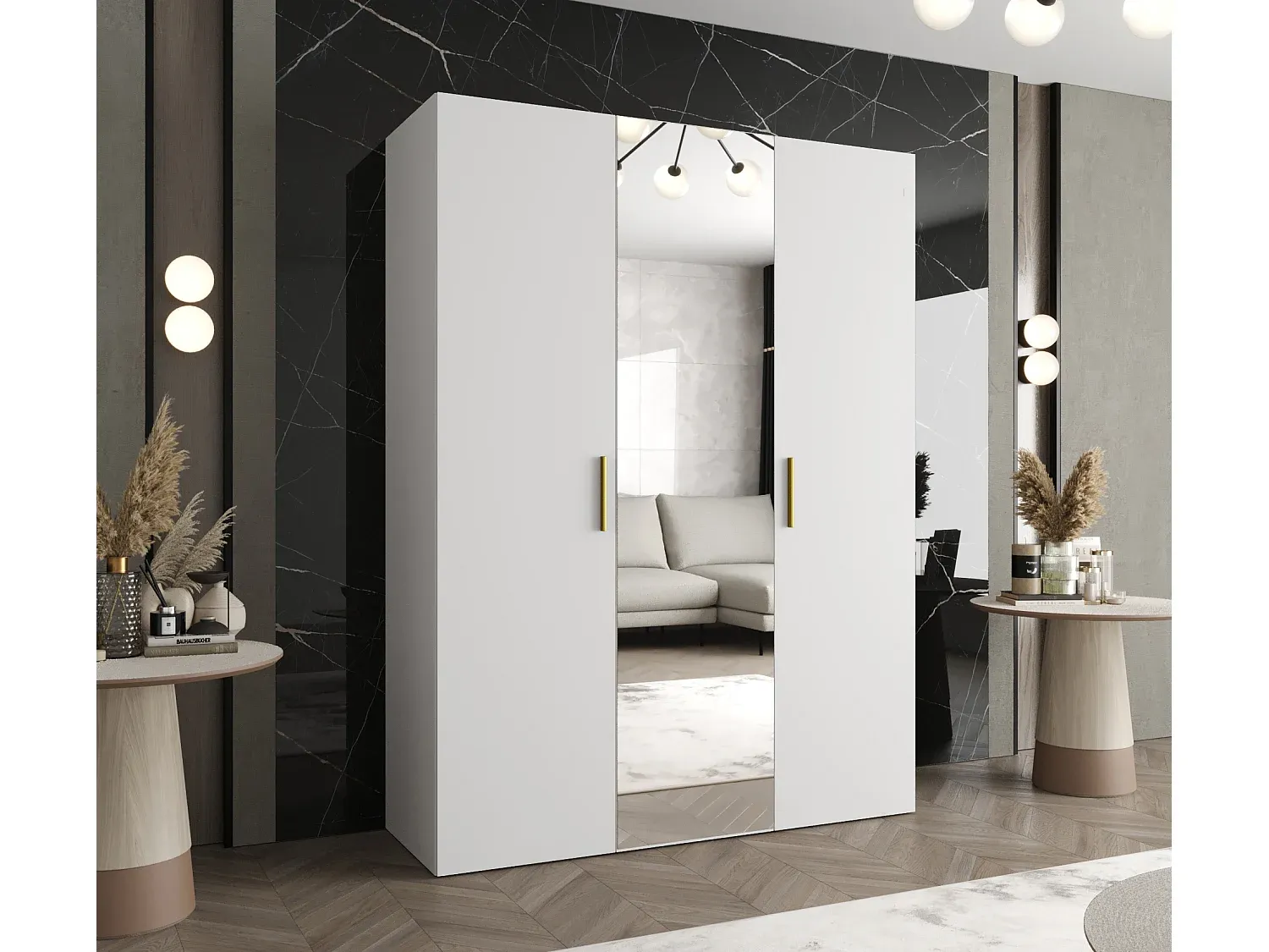 Moderner Drehtürenschrank mit Spiegel und 3 Türen in Weiß-Gold