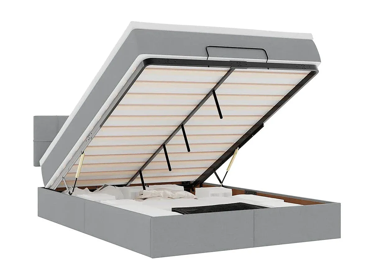 Stauraumbett mit Matratze und LED-Beleuchtung 140x200 cm Hellgrau Stoff