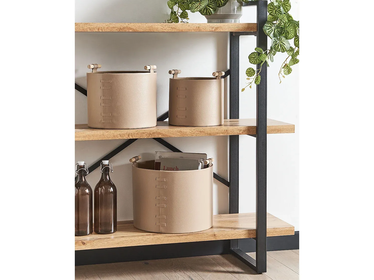 Dekorativer Aufbewahrungskorb in Kunstleder Beige, 3-teiliges Set