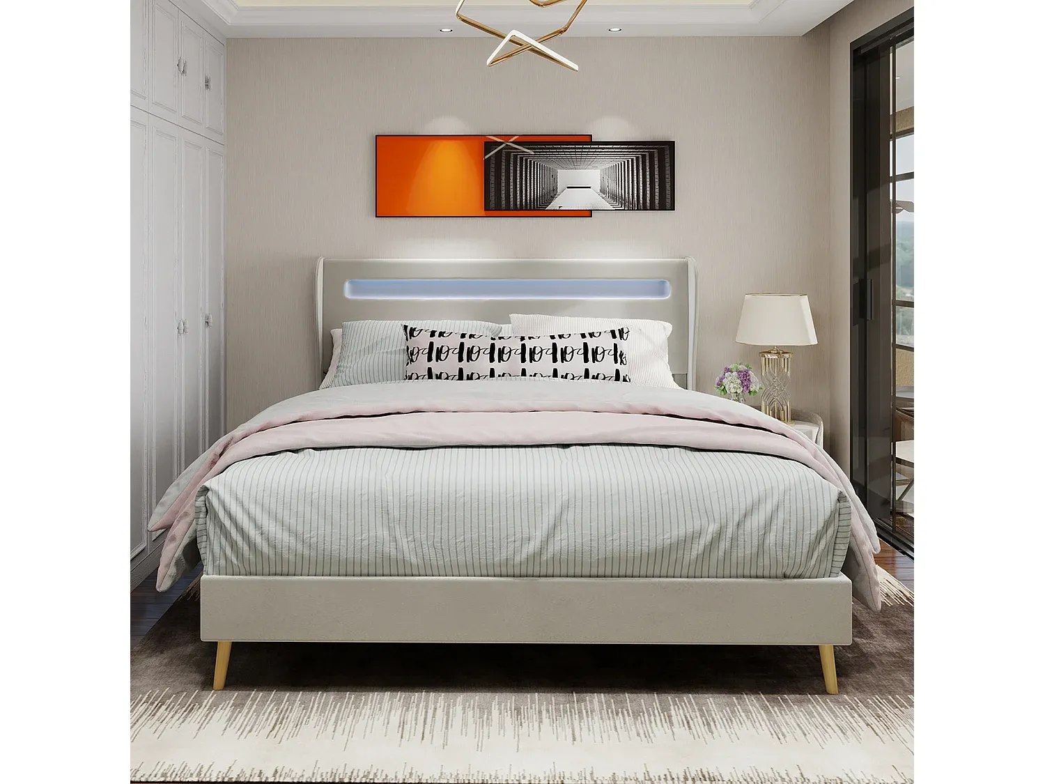 Modernes Bett mit LED-Licht und gepolstertem Kopfteil in Beige