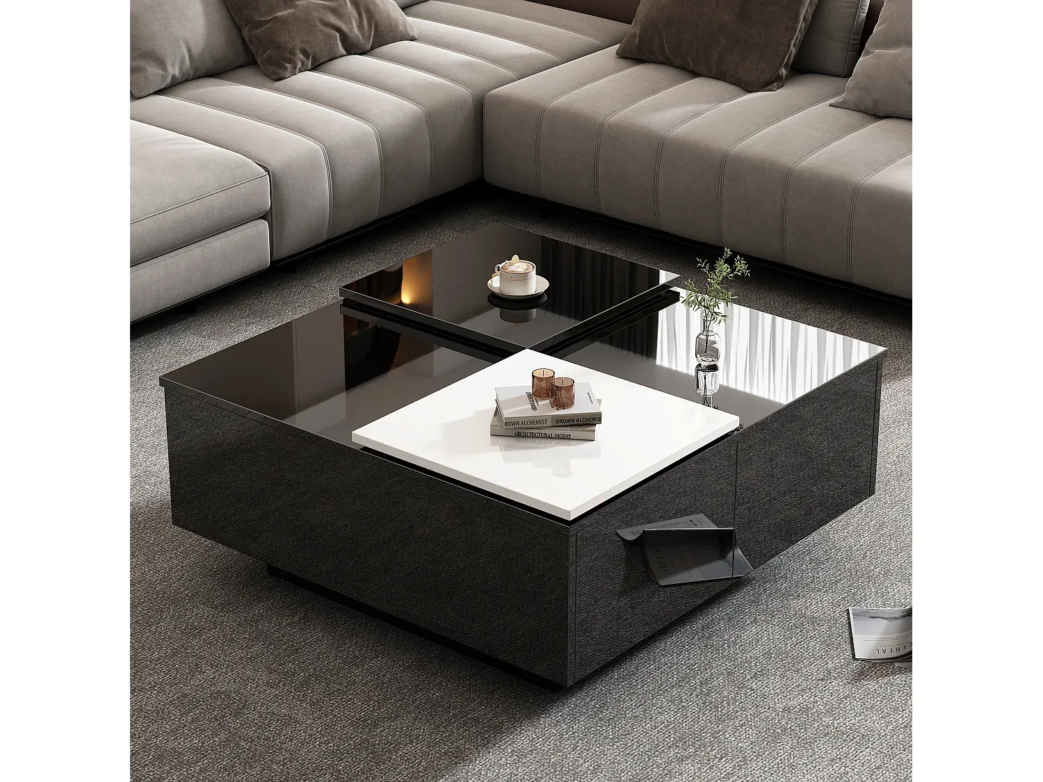 Moderner Couchtisch mit Vier Schubladen, Schwarz