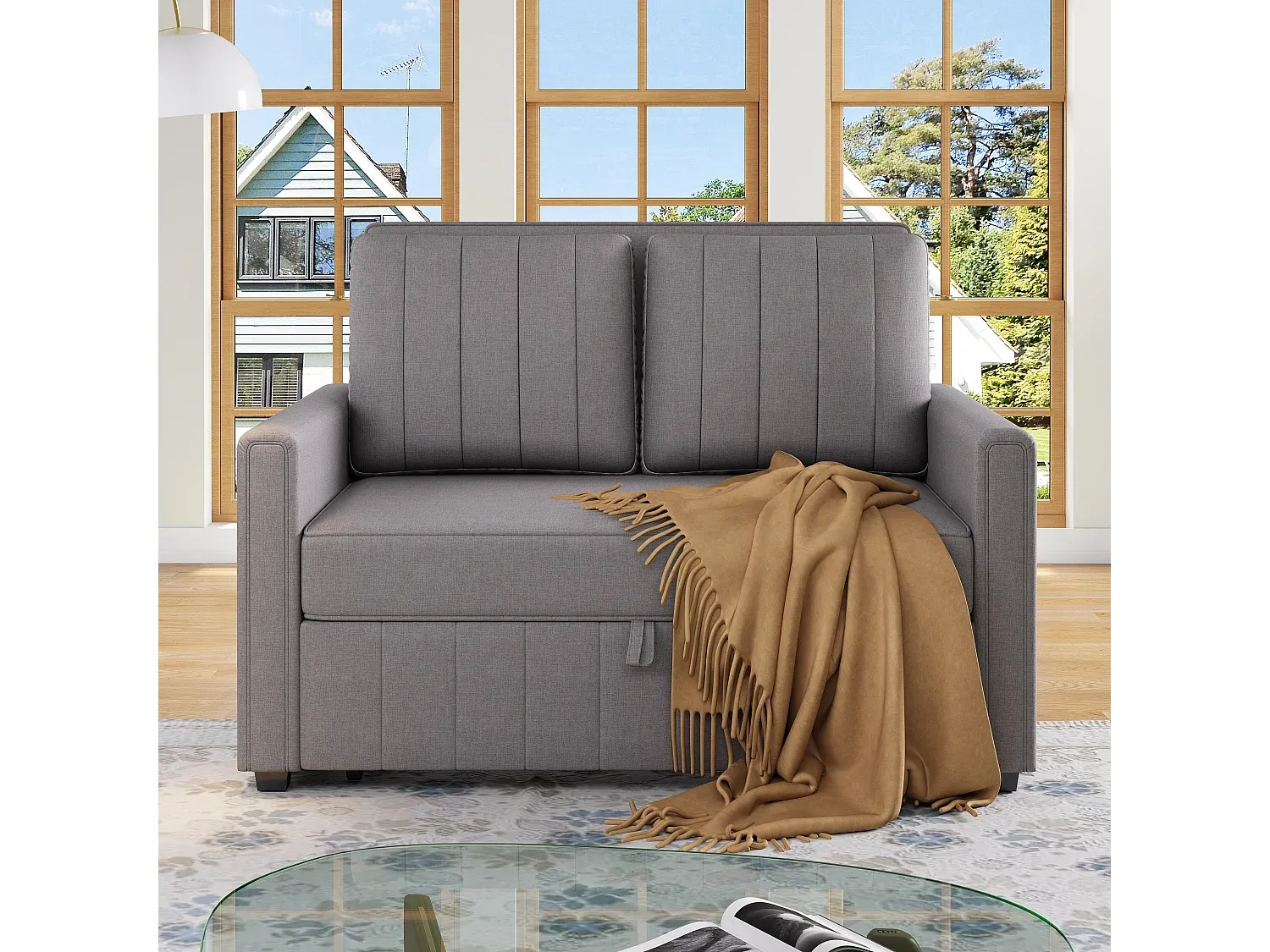 Klappsofa mit Schlaffunktion und Stauraum, verstellbare Rückenlehne, inklusive Kissen, grau