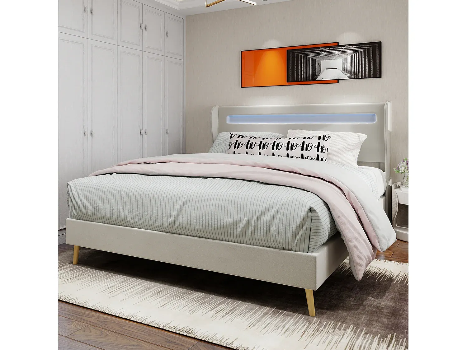 Modernes Bett mit LED-Licht und gepolstertem Kopfteil in Beige