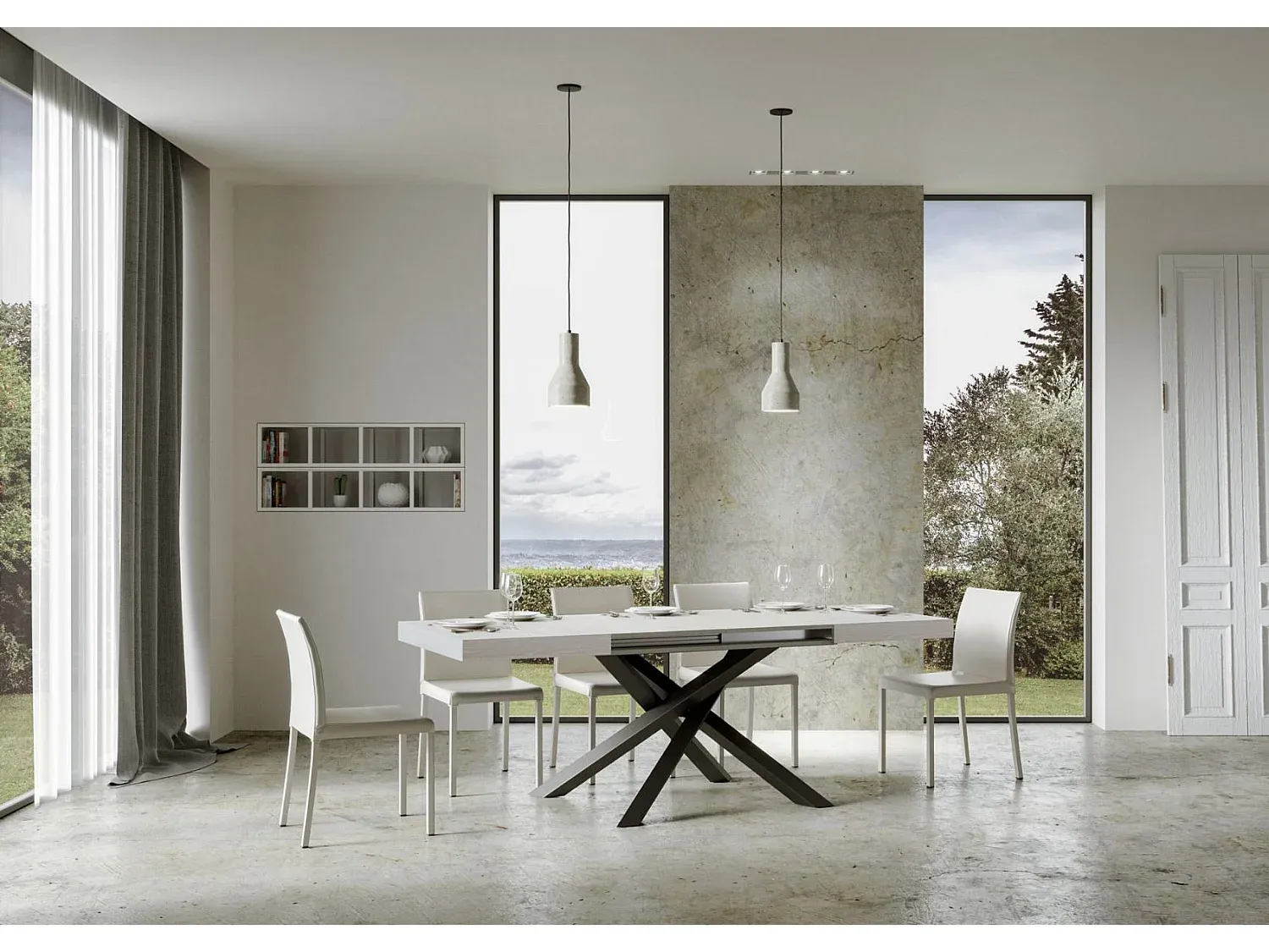 Moderner Ausziehtisch in Esche Weiß mit Anthrazit Eisenrahmen