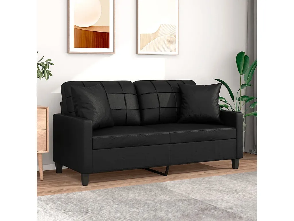 Schwarzes 2-Sitzer-Kunstledersofa mit Zierkissen