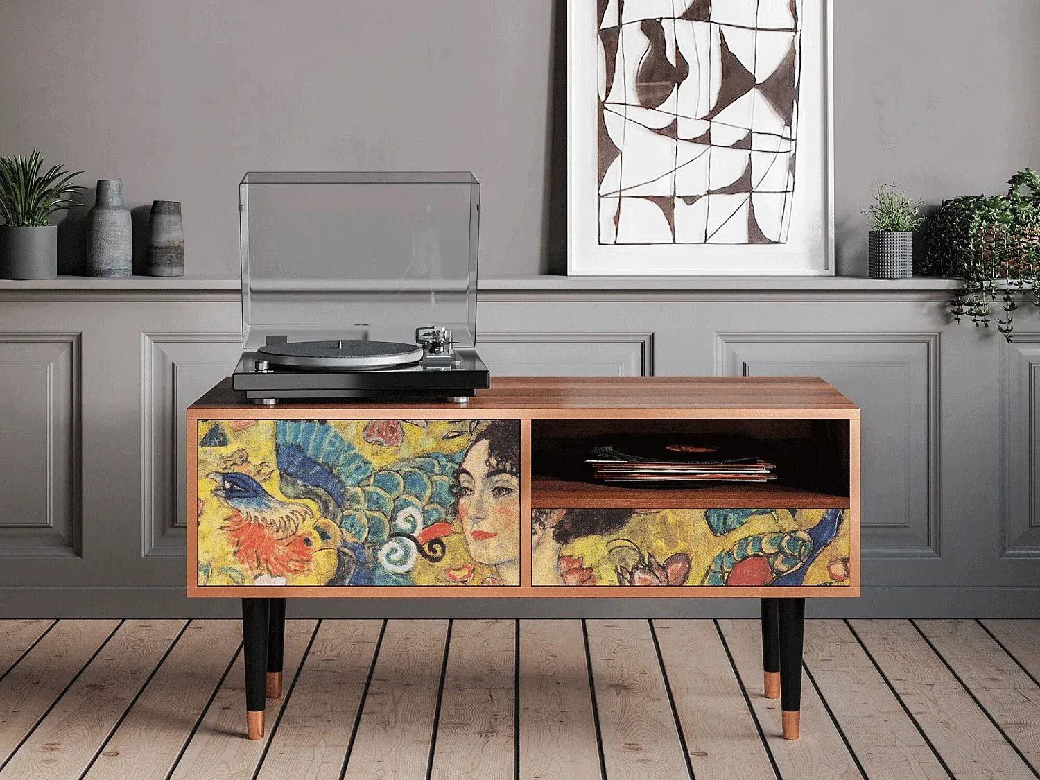 Moderner TV-Schrank mit Kunstmotiv - Walnuss