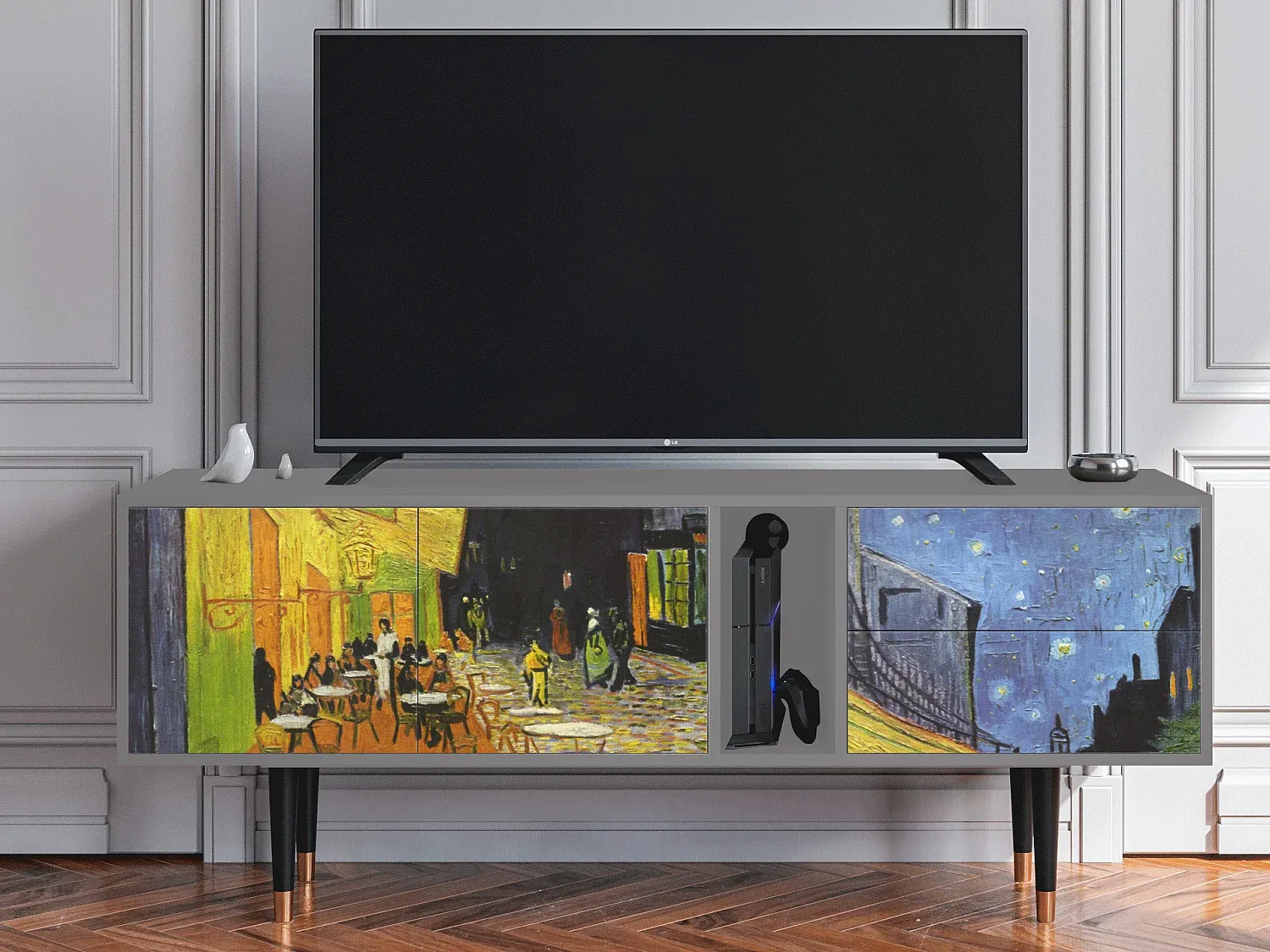 Moderner TV-Schrank in Grau mit Kunstmotiv