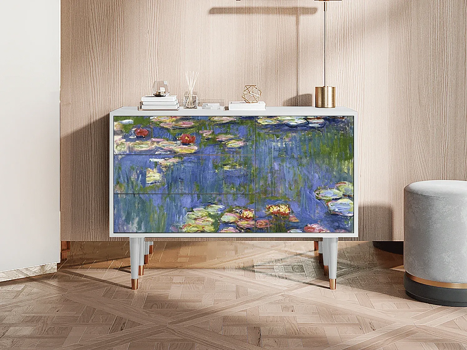 Sideboard - Moderne Design-Kommode mit Wasserlilien-Motiv, Weiß