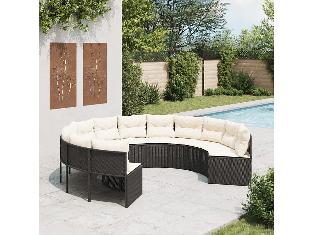 Rundes Gartensofa mit Kissen aus Poly-Rattan in Schwarz