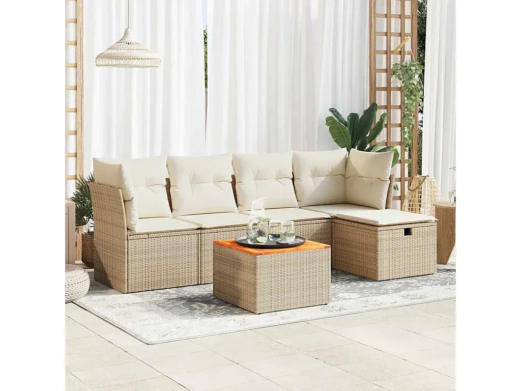 Moderne Gartenlounge aus Poly Rattan mit Kissen, Beige