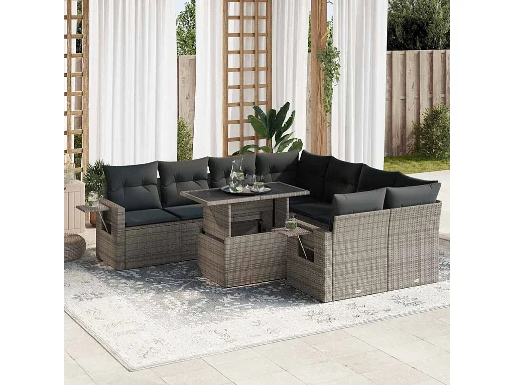 9-teilige Outdoor-Sofa-Set mit Kissen in Grau