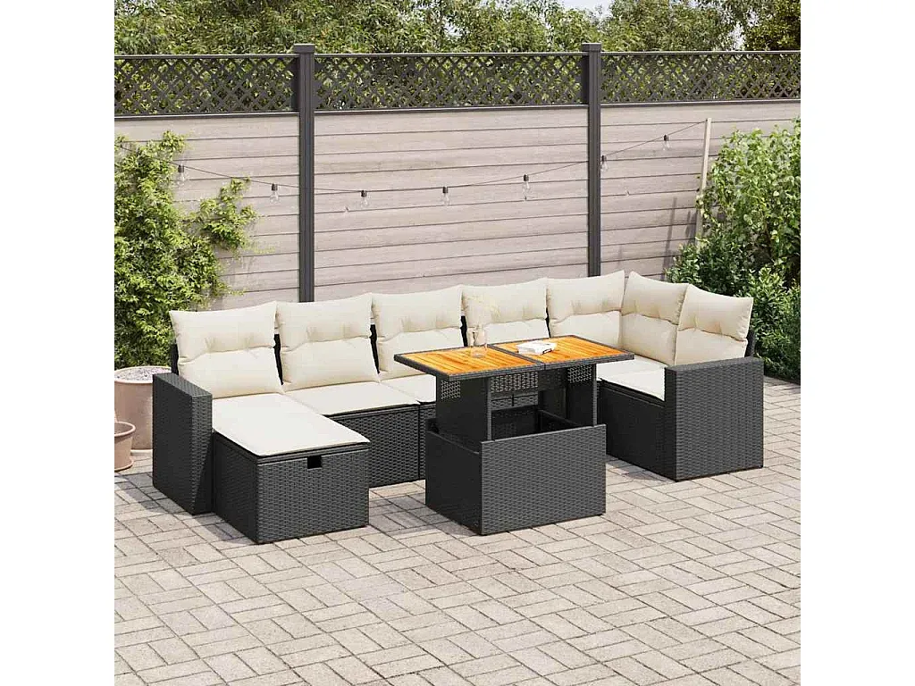 Garten-Lounge-Set mit Kissen Schwarz aus Poly-Rattan und Akazienholz