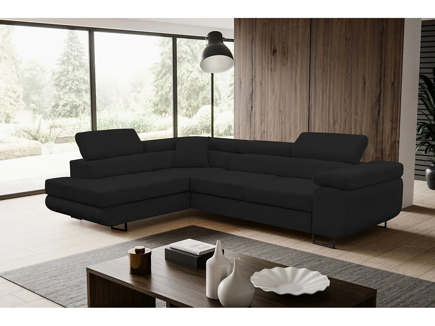 L-förmiges Ecksofa mit Schlaffunktion und Bettkasten, Velours, Schwarz