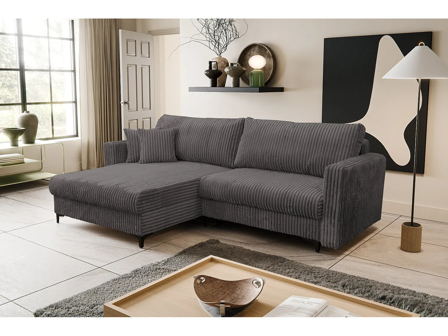 L-förmiges Schlafsofa mit Bettkasten aus Cordstoff, Grau