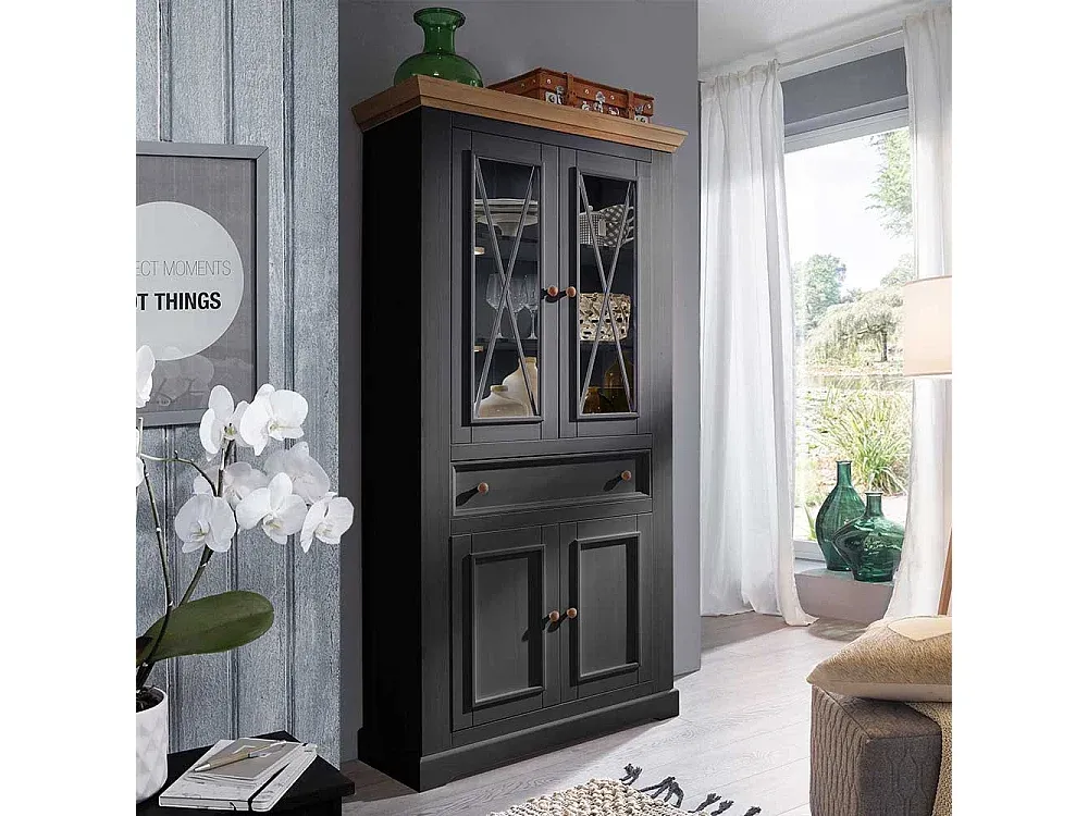 Graue Vitrine mit Eichenakzenten aus Massivholz