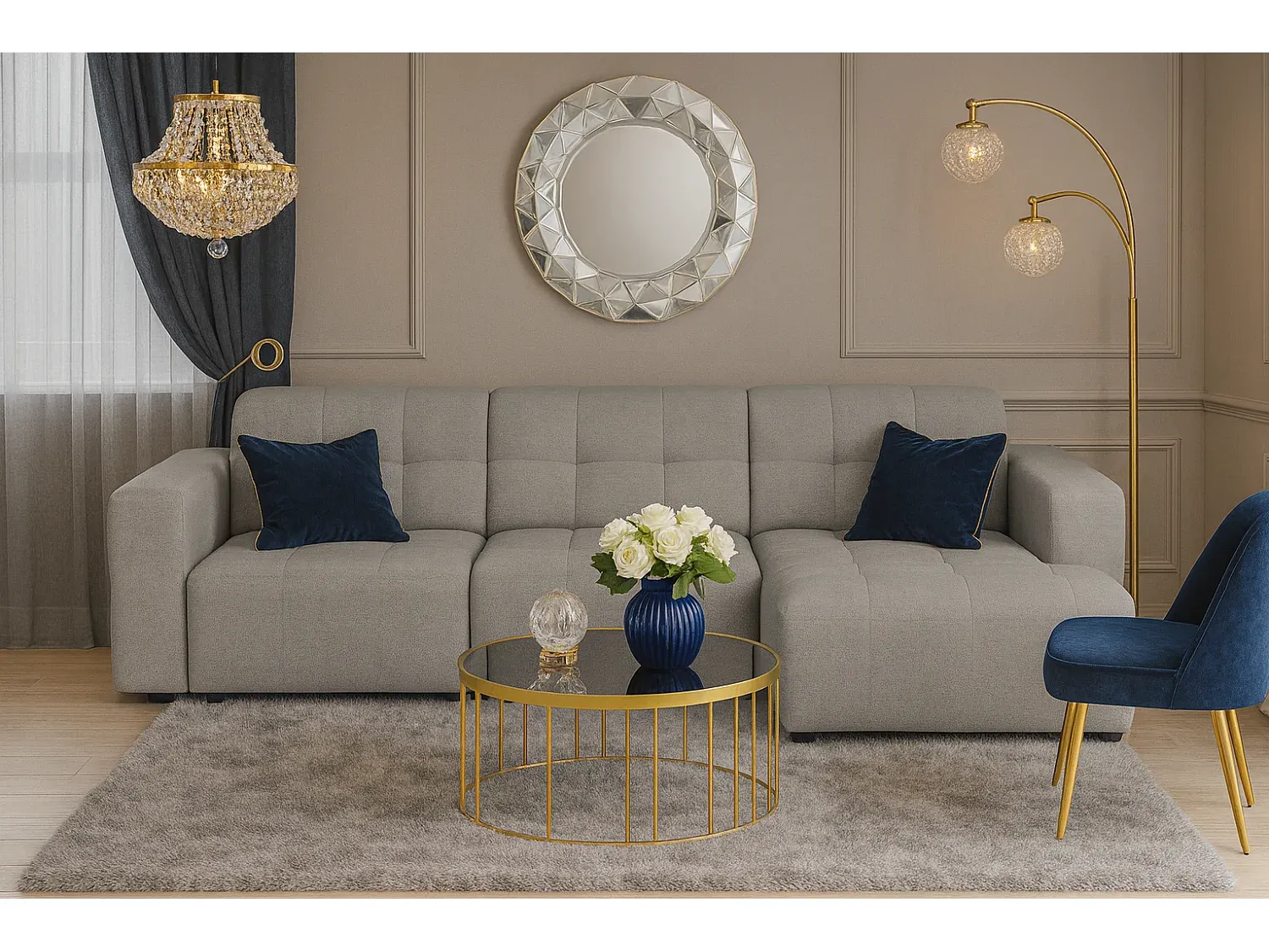 Großes Ecksofa mit grauem Stoffbezug, 284x166x70 cm