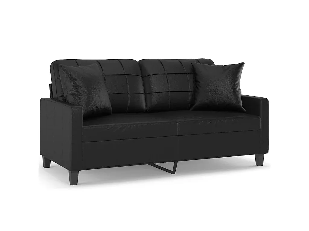 Schwarzes 2-Sitzer-Kunstledersofa mit Zierkissen