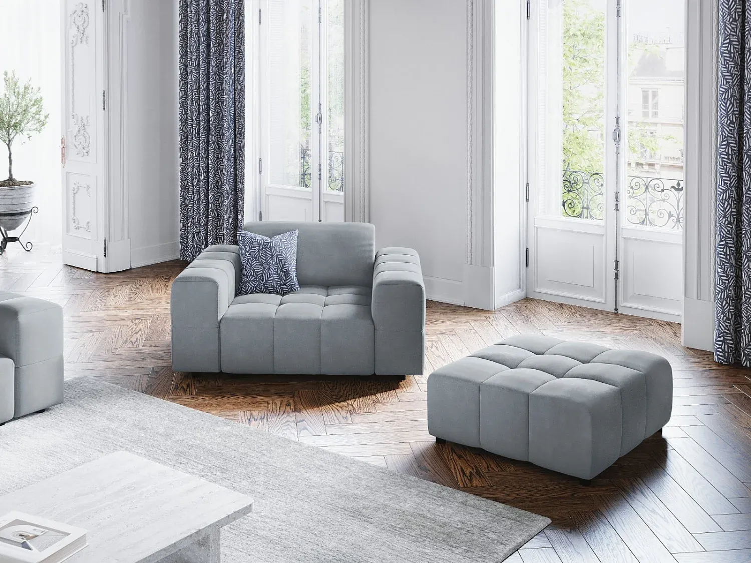 Eleganter Sitzhocker aus hellblauem Samt - 80x102x40cm