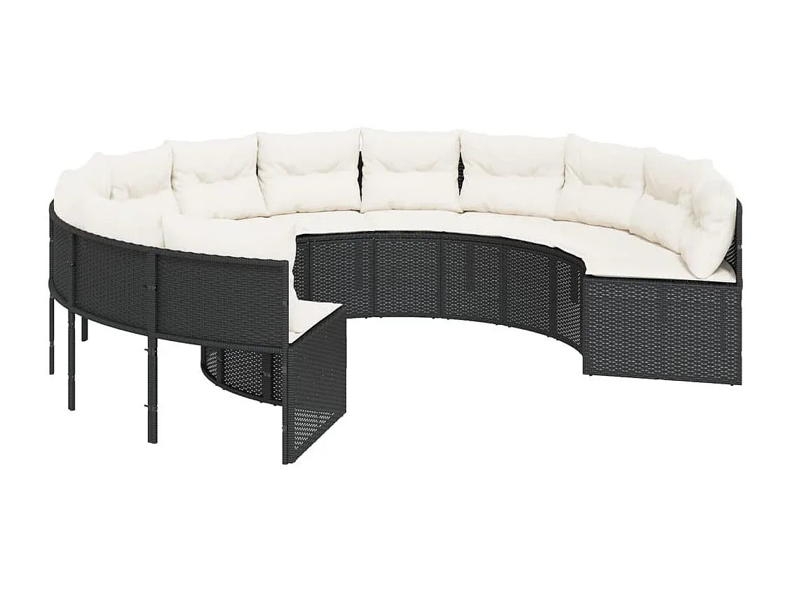 Rundes Gartensofa mit Kissen aus Poly-Rattan in Schwarz