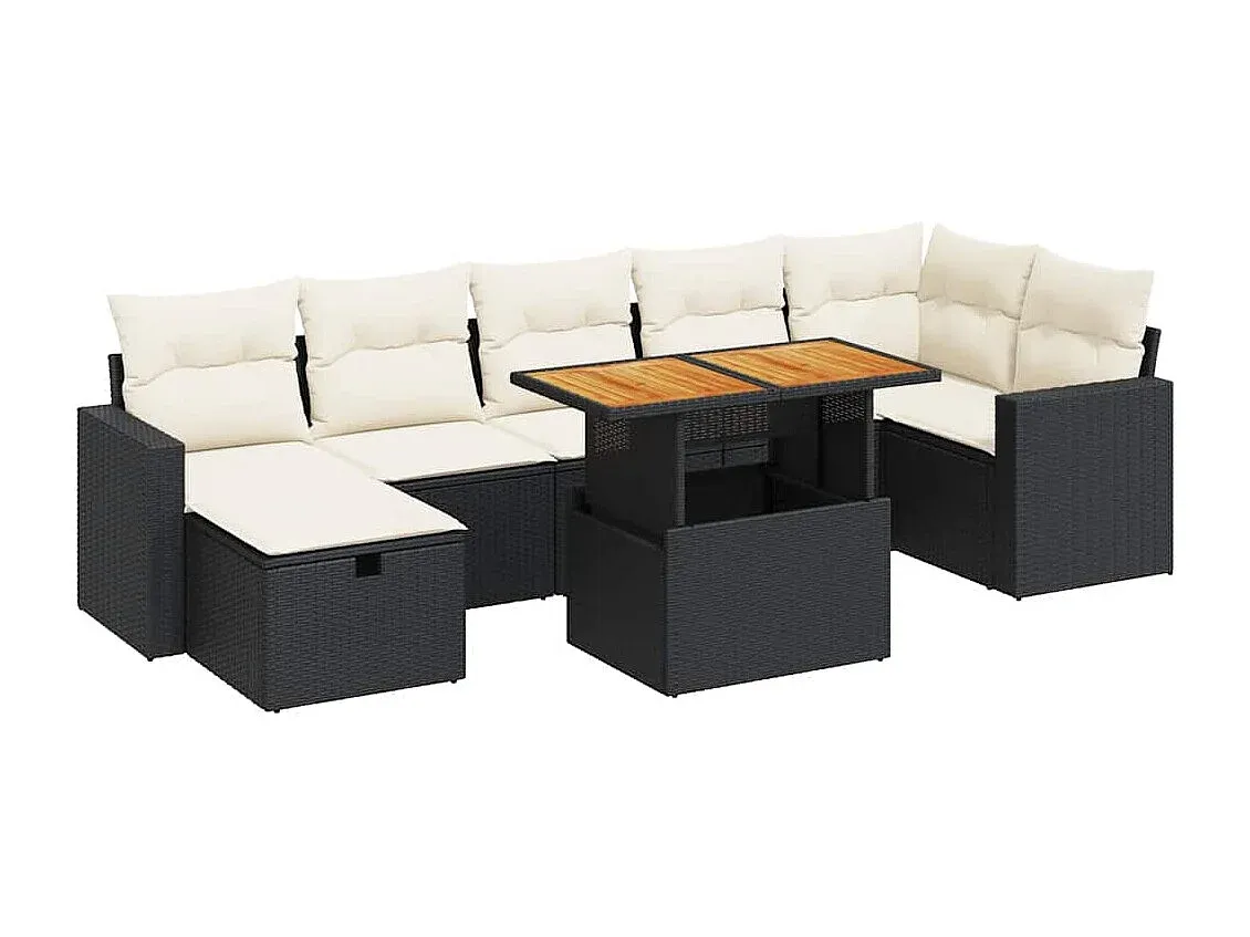 Garten-Lounge-Set mit Kissen Schwarz aus Poly-Rattan und Akazienholz