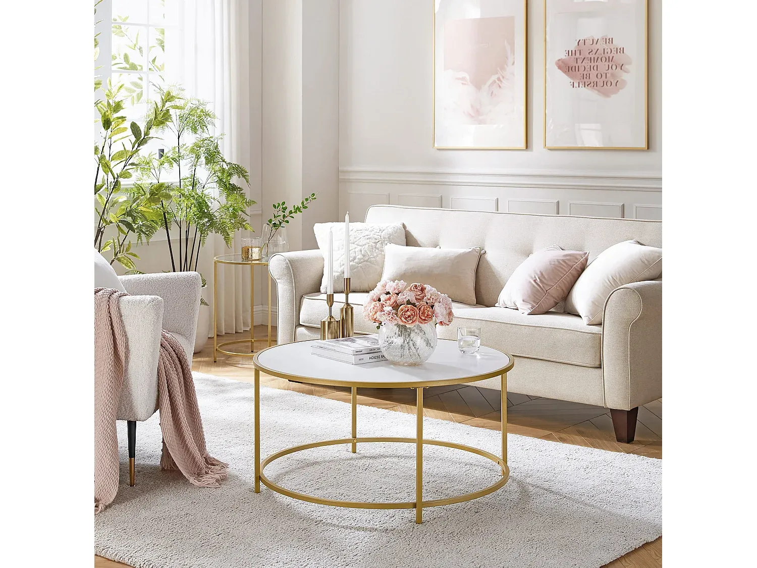 Runder Couchtisch im Loft-Stil, Gold und Weiß, Ø84 cm