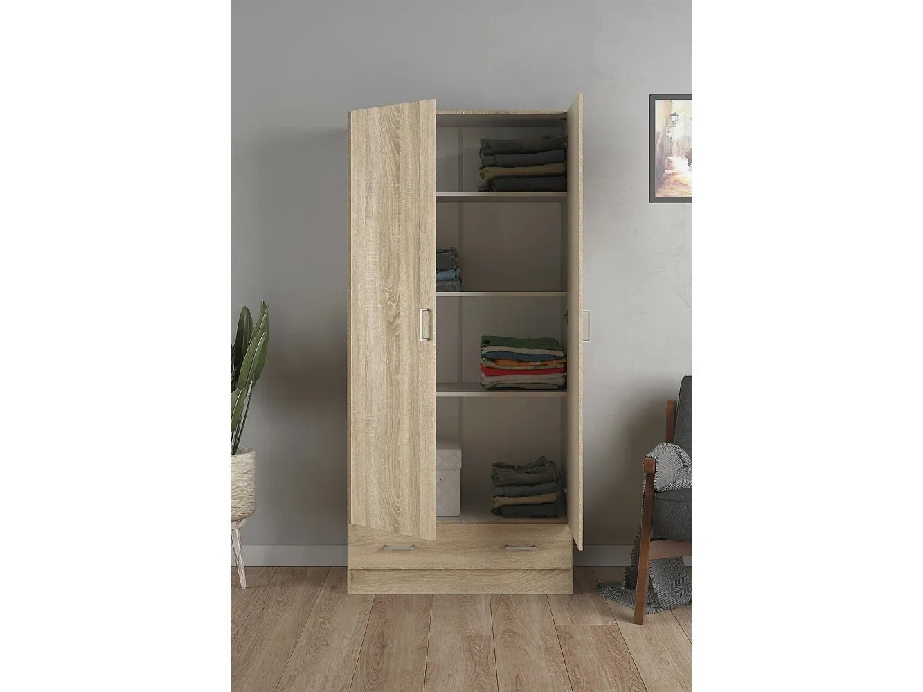 Zweitüriger Kleiderschrank mit Schublade in Eiche, 79 x 35 x 171 cm