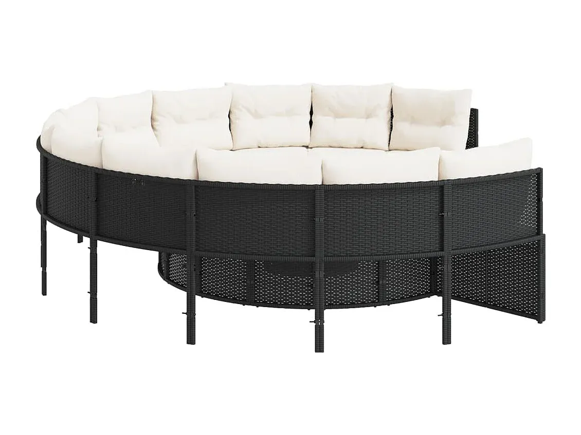 Rundes Gartensofa mit Kissen aus Poly-Rattan in Schwarz
