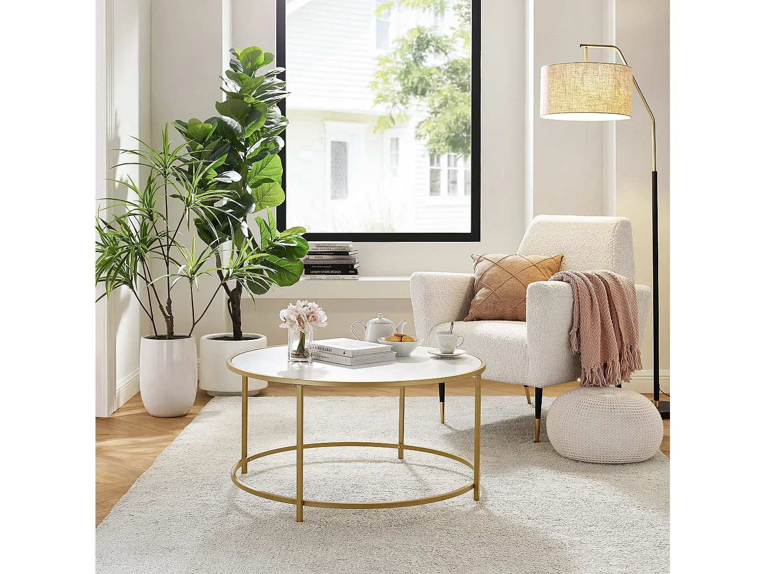 Runder Couchtisch im Loft-Stil, Gold und Weiß, Ø84 cm