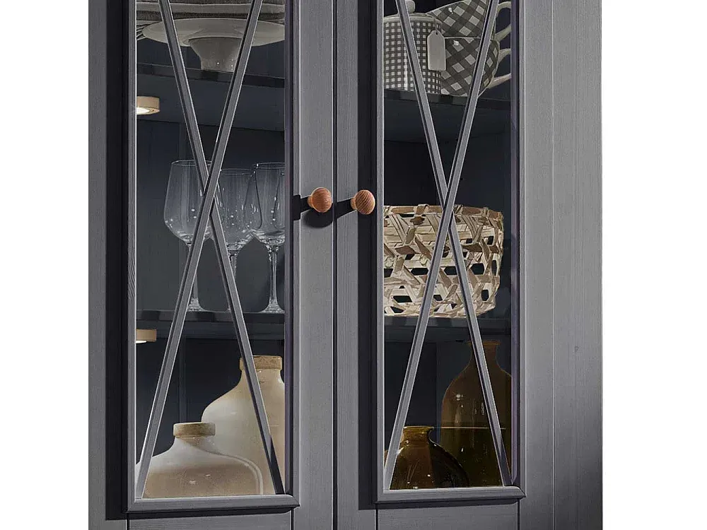 Graue Vitrine mit Eichenakzenten aus Massivholz