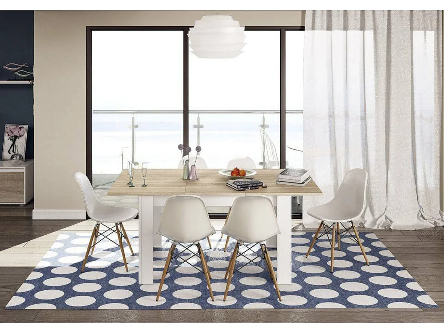 Ausziehbarer Esstisch aus Eiche und Weiß, erweiterbar von 140 bis 190 cm