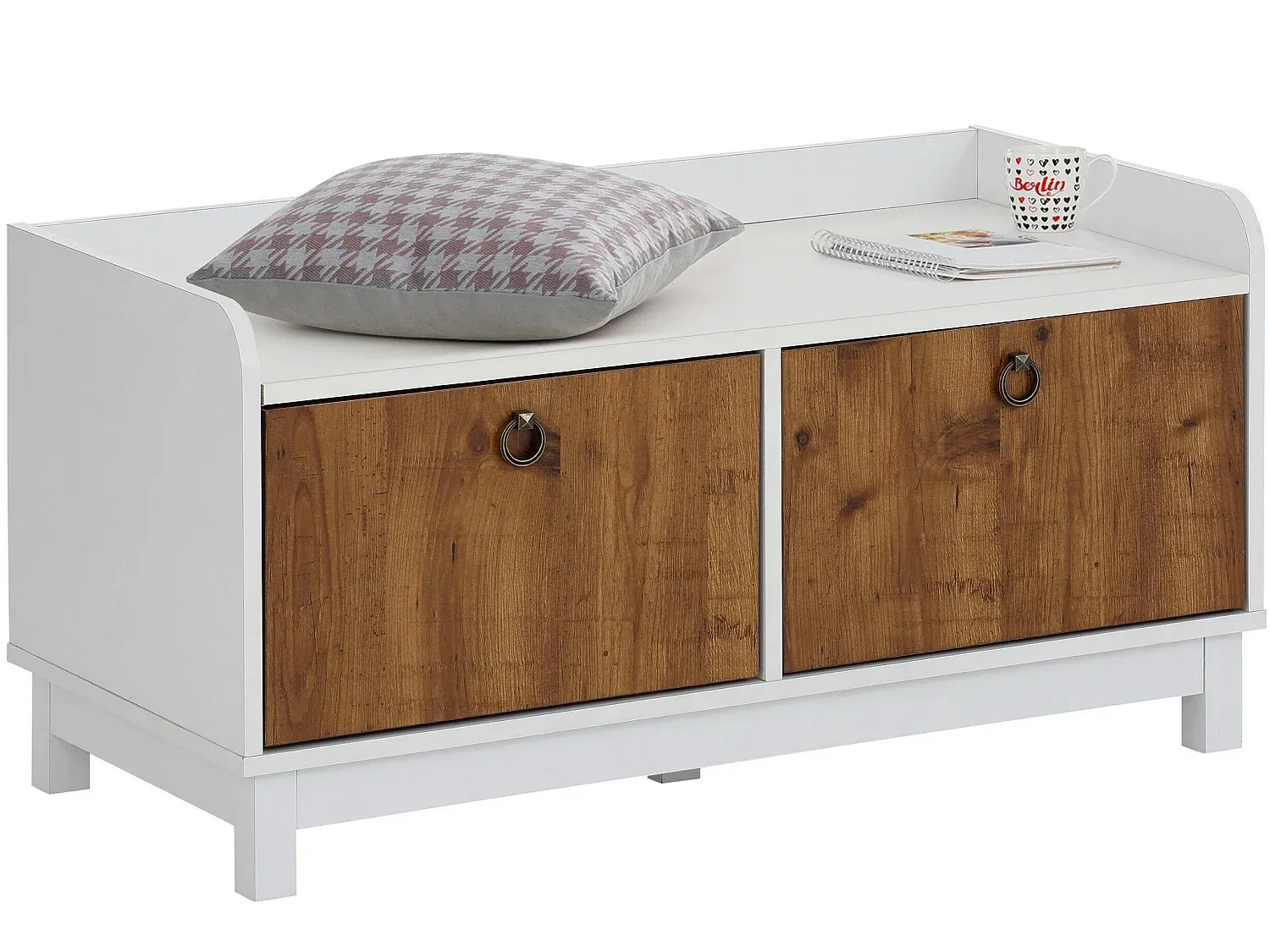 Moderne Sitzbank mit Stauraum in Weiß und Eiche