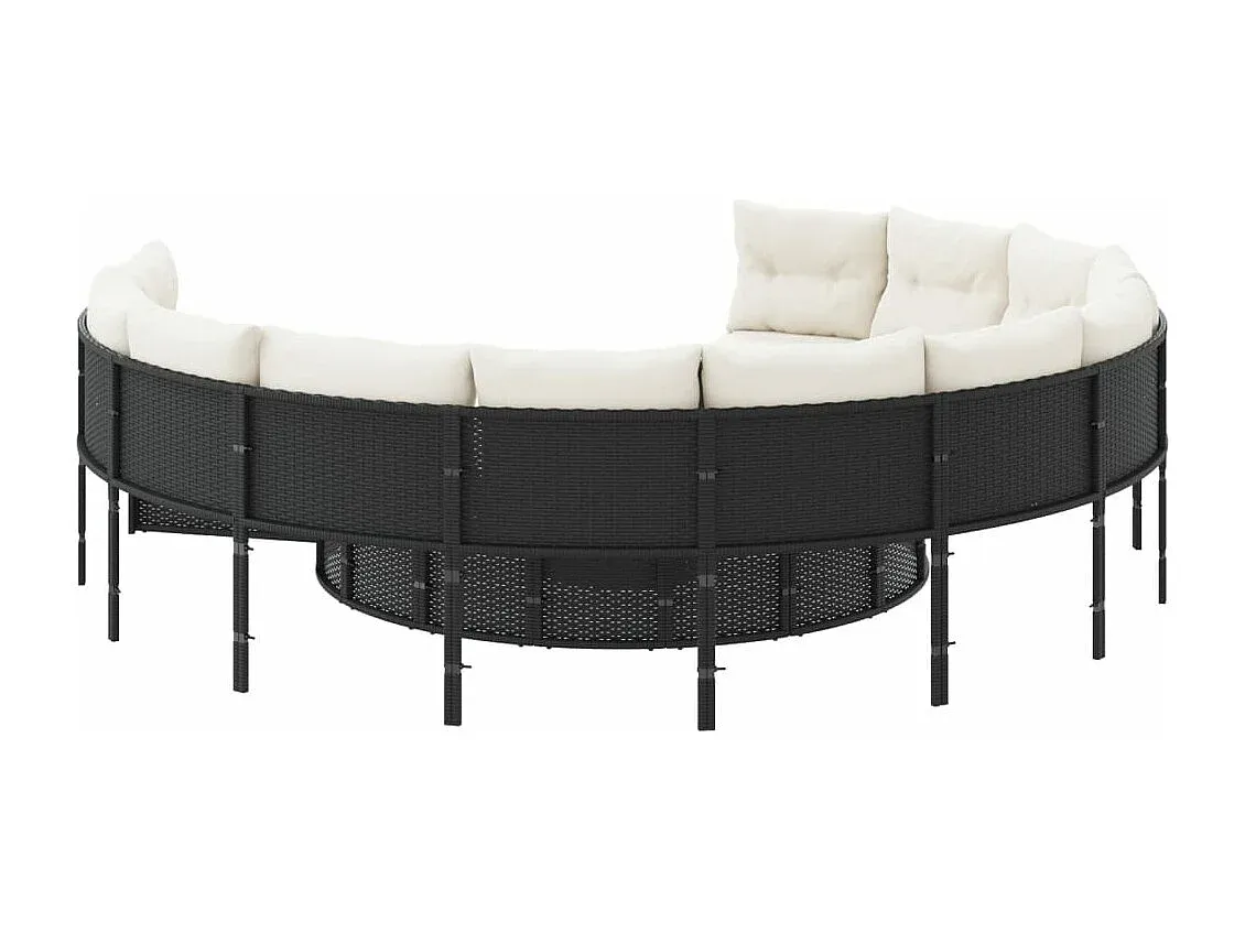 Rundes Gartensofa mit Kissen aus Poly-Rattan in Schwarz
