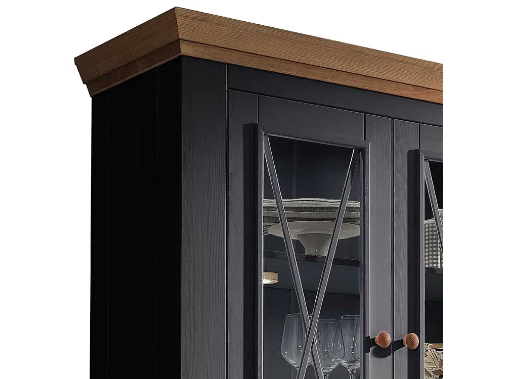 Graue Vitrine mit Eichenakzenten aus Massivholz