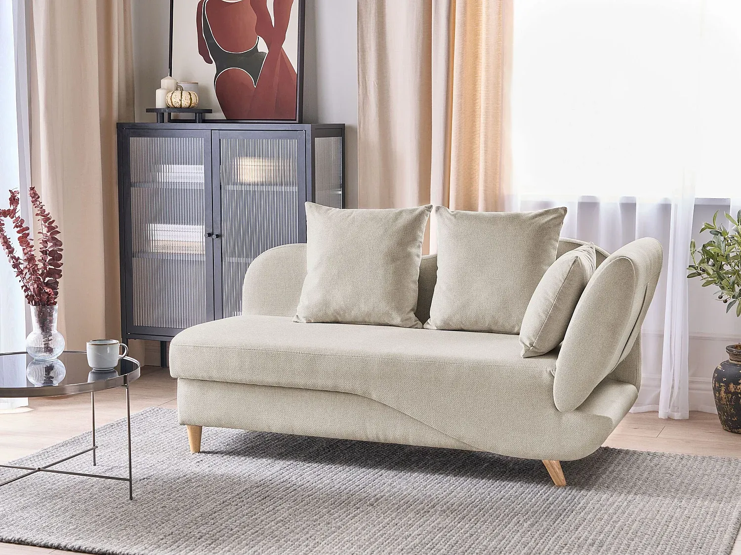 Beige Chaiselongue in Leinenoptik mit Stauraum rechts