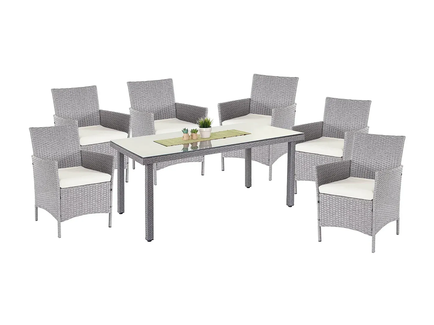 7-teilige Gartenmöbel aus Polyrattan, Grau mit Creme-Kissen