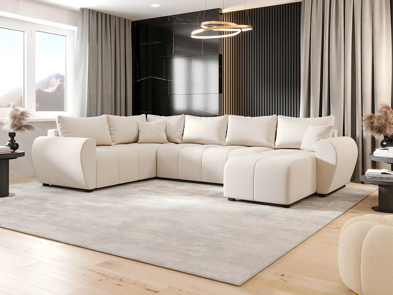 Wohnlandschaft U-Form Beige mit Schlaffunktion und Stauraum