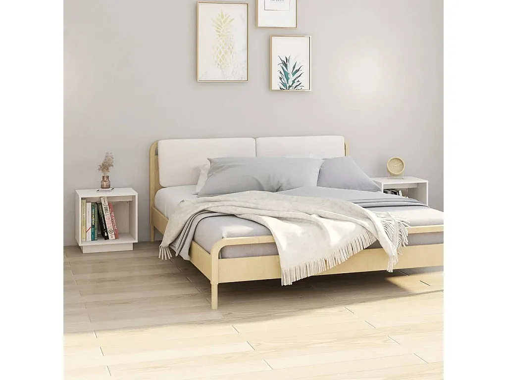 Set aus 2 weißen Nachttischen aus massivem Kiefernholz, 40x30x40 cm