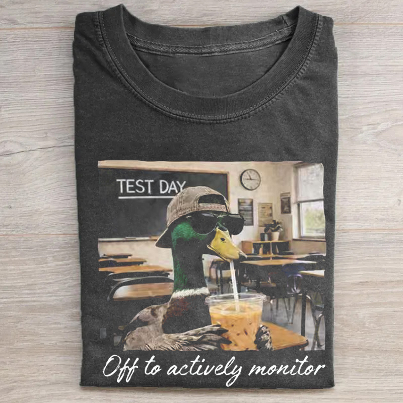 Off To Actively Monitor Mallard Drinking Iced Coffee T-shirt - Vintage Washed Apparel by VanceMade