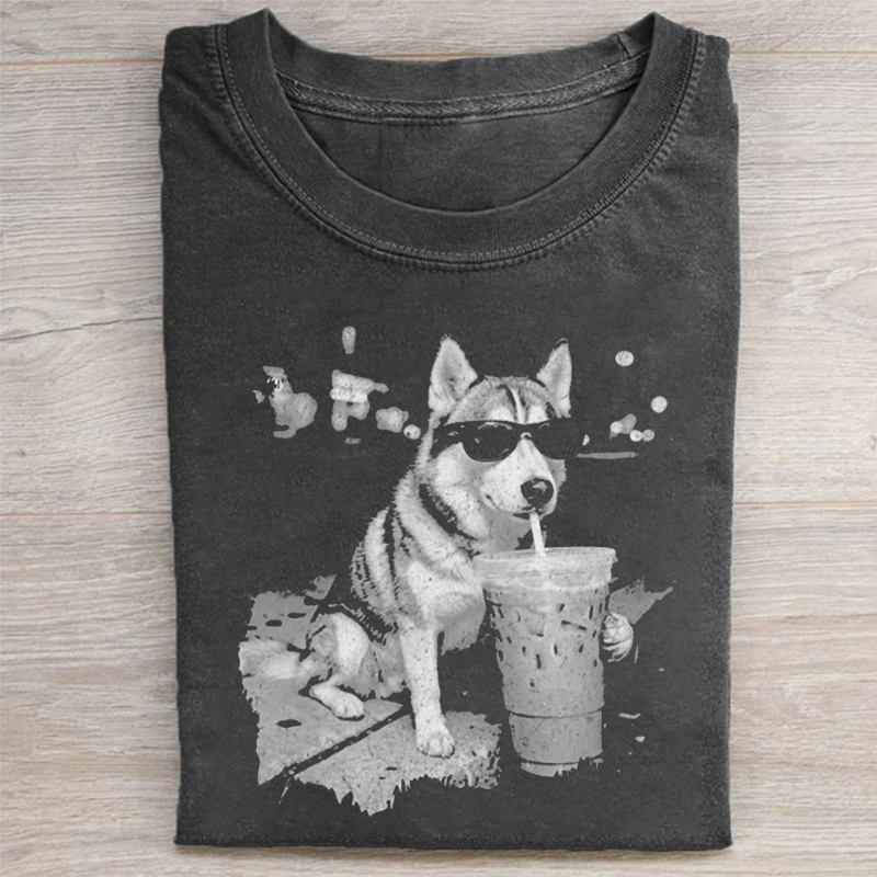 Funny Dog Drinking Iced Coffee T-shirt
