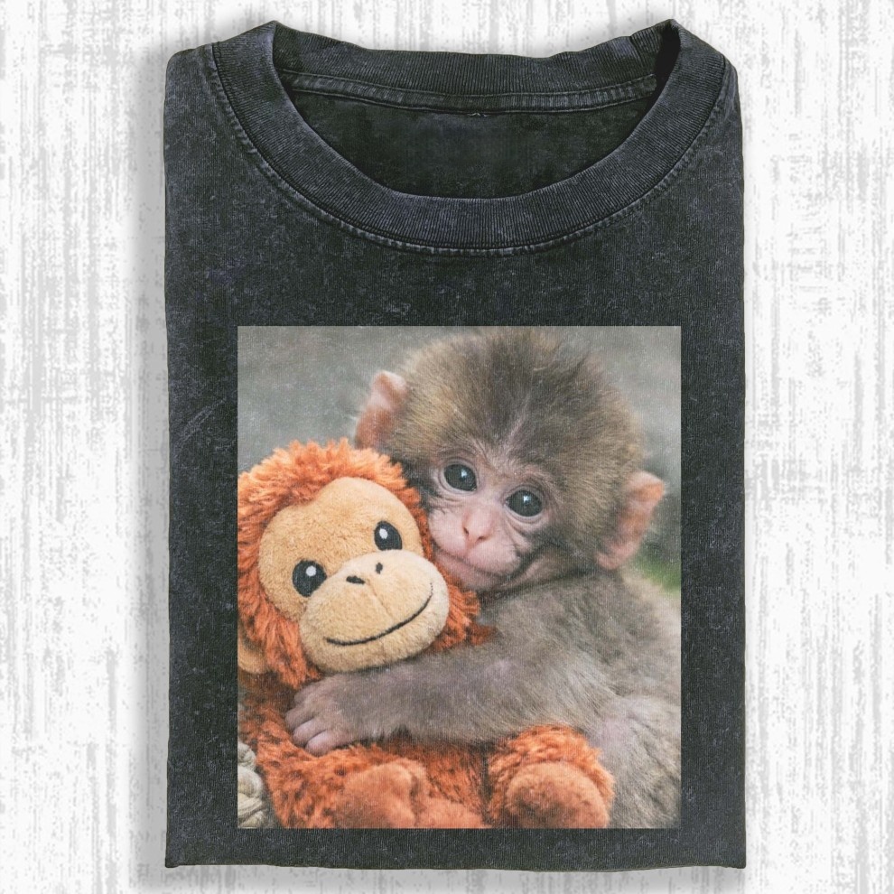 Baby Monkey Hugging Plush Orangutan Graphic T-shirt - Vintage Washed Apparel by VanceMade