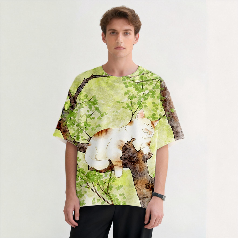 Cat On The Tree Graphic Print T-Shirt - Vintage Washed Apparel by VanceMade