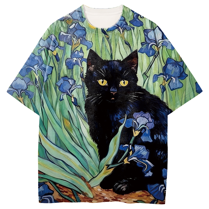 Irises Black Cat Graphic Print T-Shirt - Vintage Washed Apparel by VanceMade