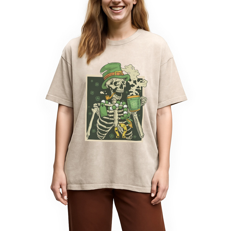 St. Patrick's Skeleton Drinking Coffee Washed T-Shirt - Vintage Washed Apparel by VanceMade