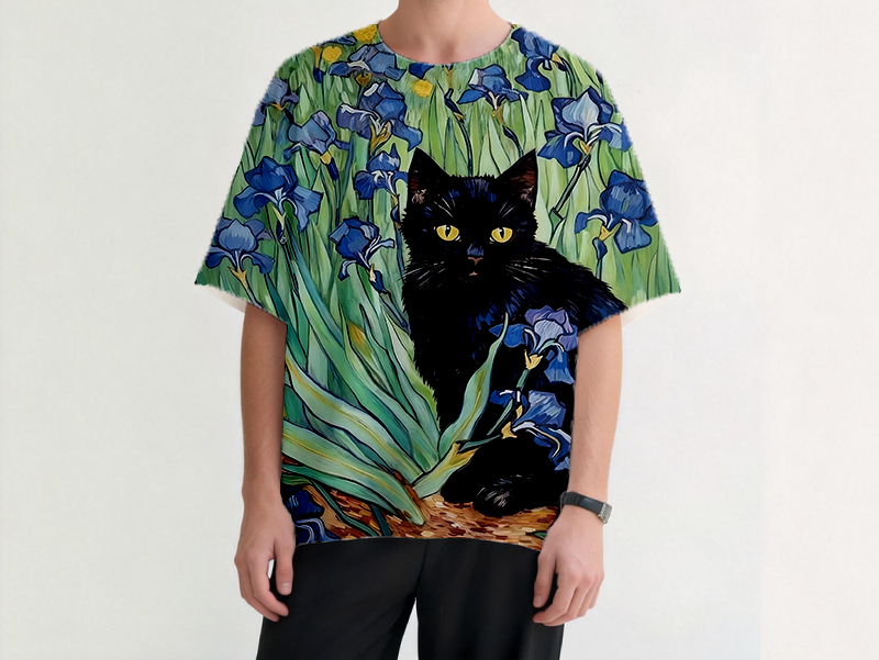 Irises Black Cat Graphic Print T-Shirt - Vintage Washed Apparel by VanceMade