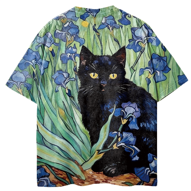 Irises Black Cat Graphic Print T-Shirt - Vintage Washed Apparel by VanceMade